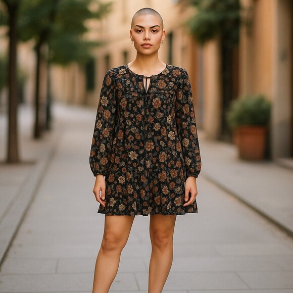 Forever 21 Dresses & Skirts - Forever 21 Black Floral Boho Babydoll Mini Dress Women’s‎ Large Tiered Skirt